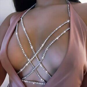 Silver Rhinestone Layered Bra Chain Body Jewelry